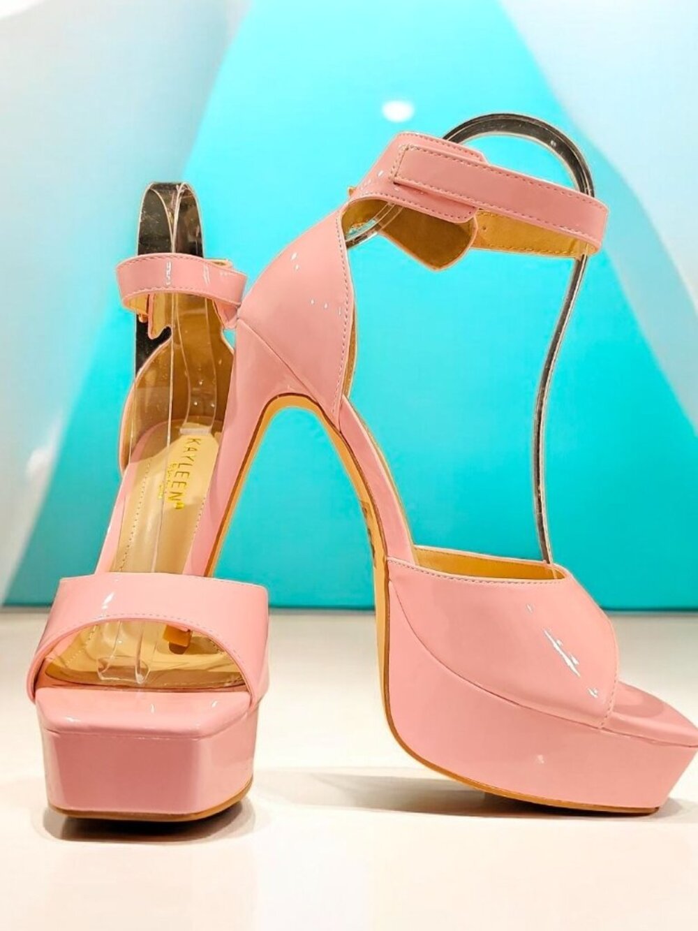 Pink Patent Platform Stiletto Heels With Ankle Strap Open Toe Square Sole Design